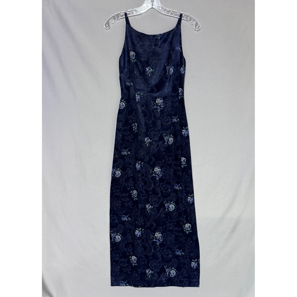 All That Jazz Maxi Dress Womens 5/6 Blue Floral Paisley Jacquard 90s Vintage